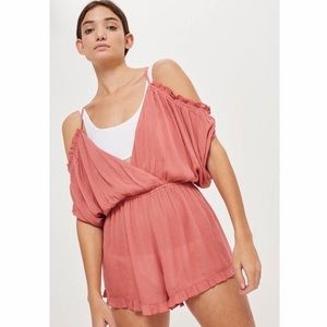 Topshop Pink Cold Shoulder Ruffle Romper NWT